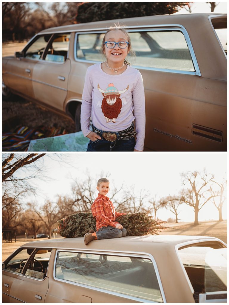 girl with glasses and hand in pocket stands in front of car at family session in Amarillo