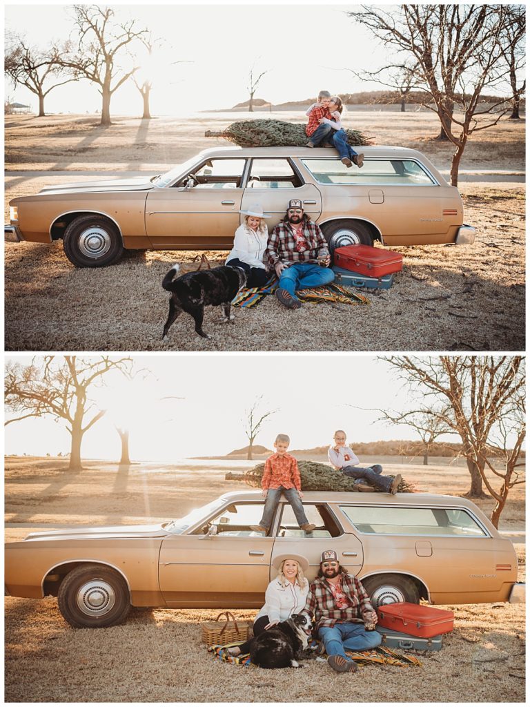 kids sit on car while parents sit together with dog below by Three Feather Photo