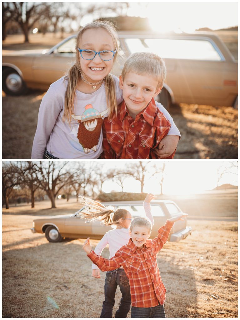 siblings dance together in sunlight at family session in Amarillo