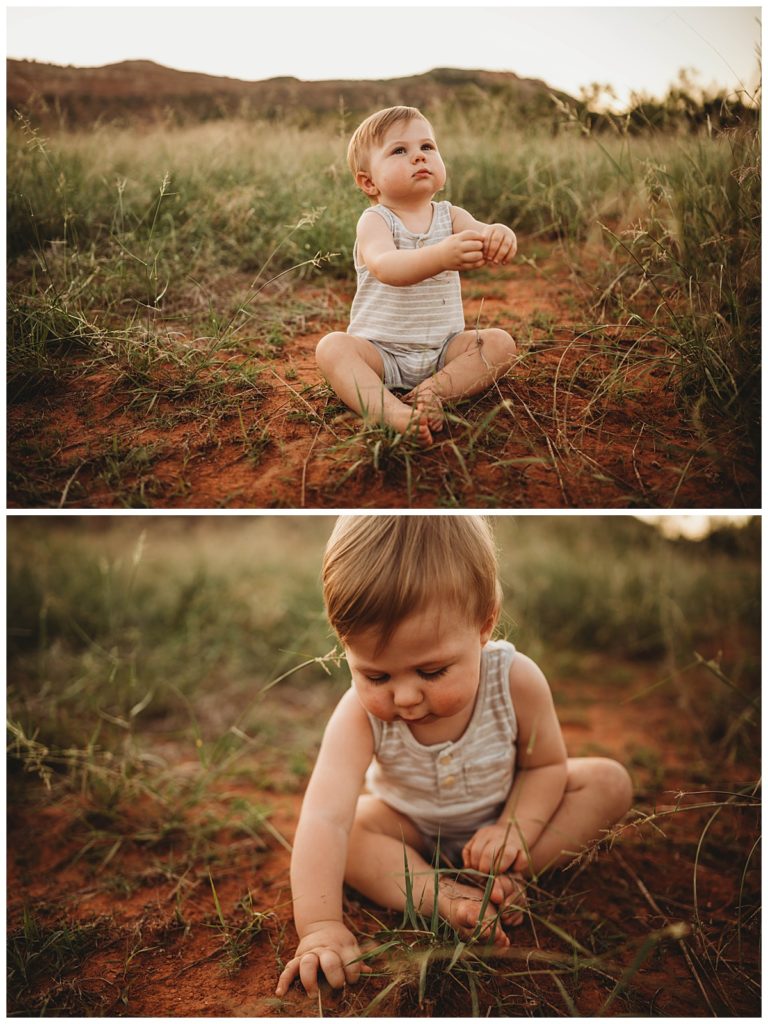 toddler boy plays in red dirt by Palo Duro family photographer