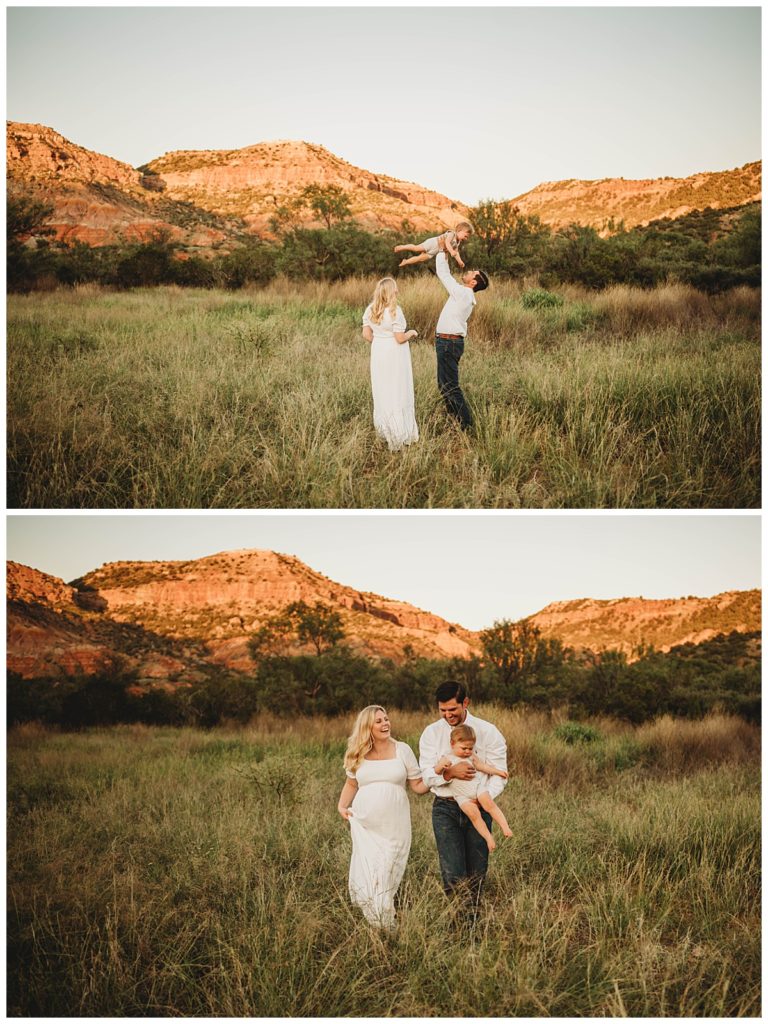 dad throws son up in the air with mom standing by at canyon maternity shoot