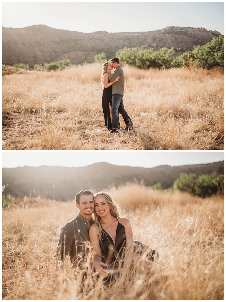 couple kisses in field by Amarillo Portrait Photographer
