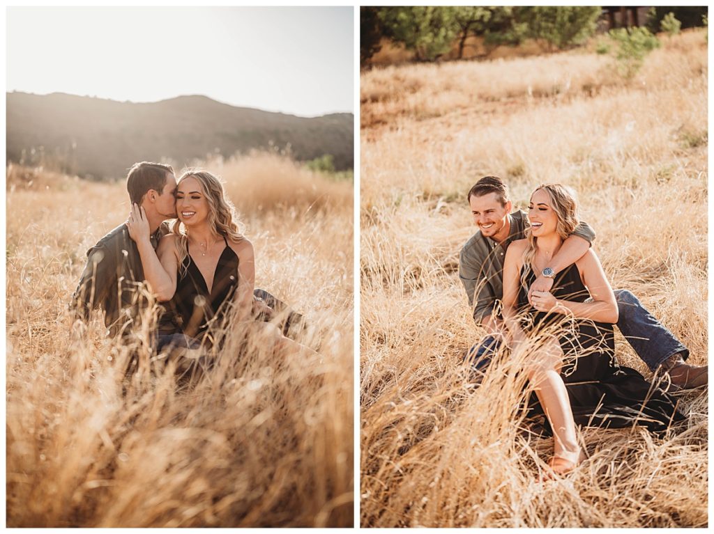 couple sits together in golden field for Palo Duro Canyon Couple Shoot
