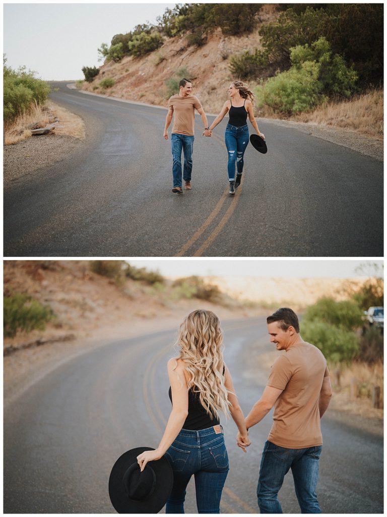 couple walks on road for Palo Duro Canyon Couple Shoot