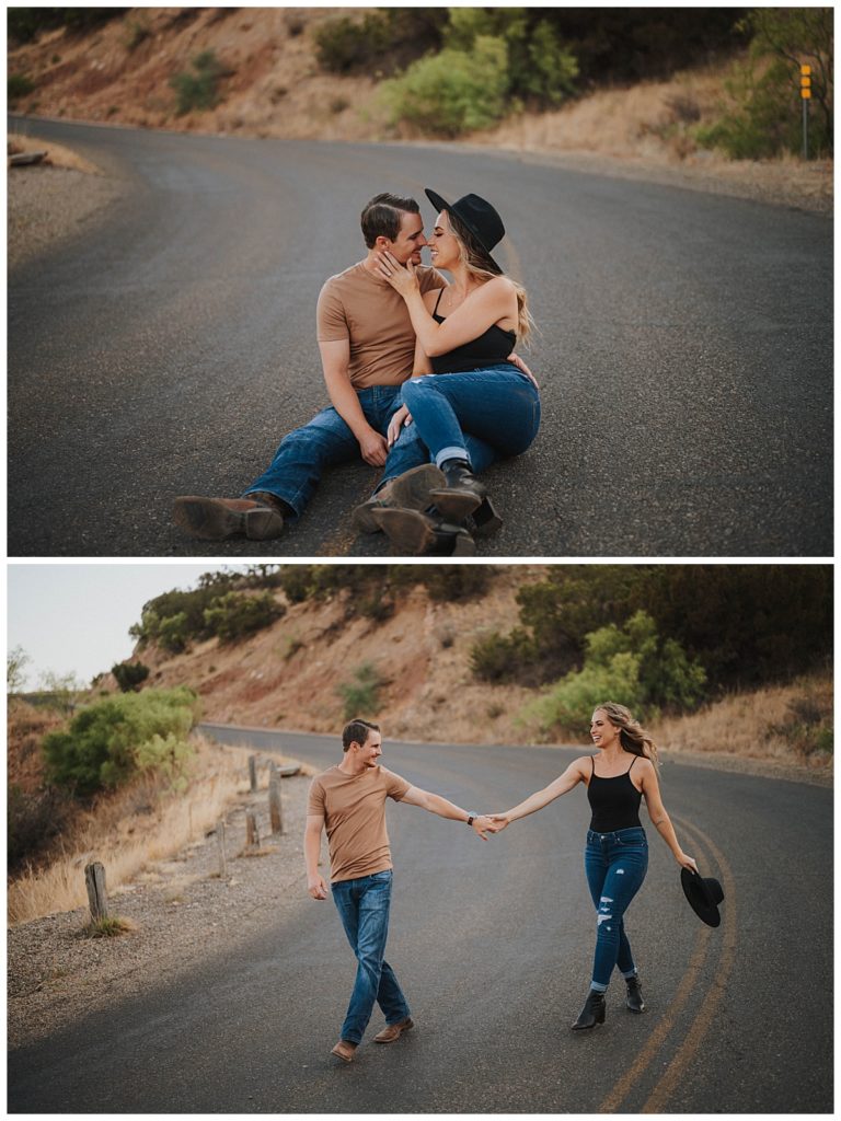 couple kisses in road by Three Feather Co