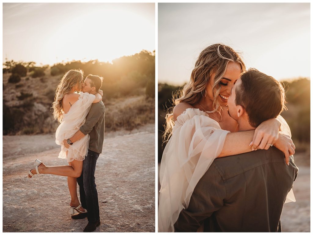man lifts woman for kiss for Palo Duro Canyon Couple Shoot
