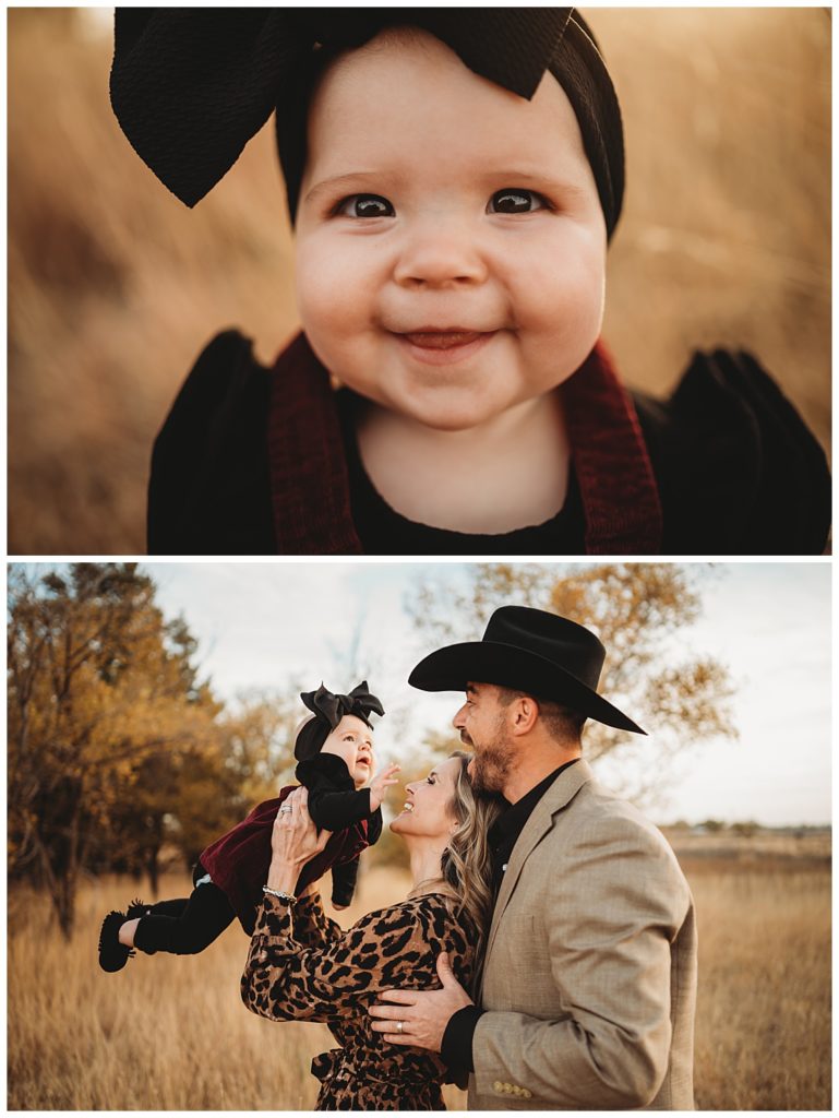 baby girl with big bow grins at Amarillo portrait photographer