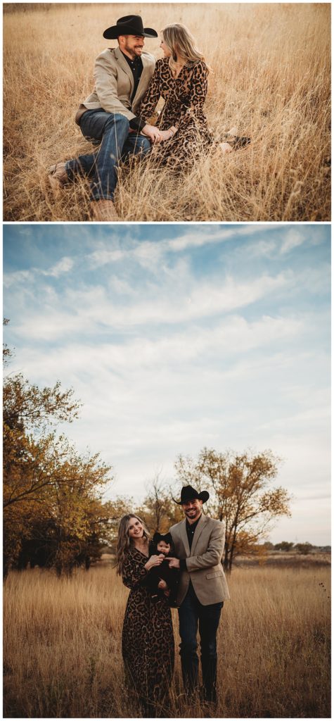 couple sits together in tall grass by Three Feather Photo