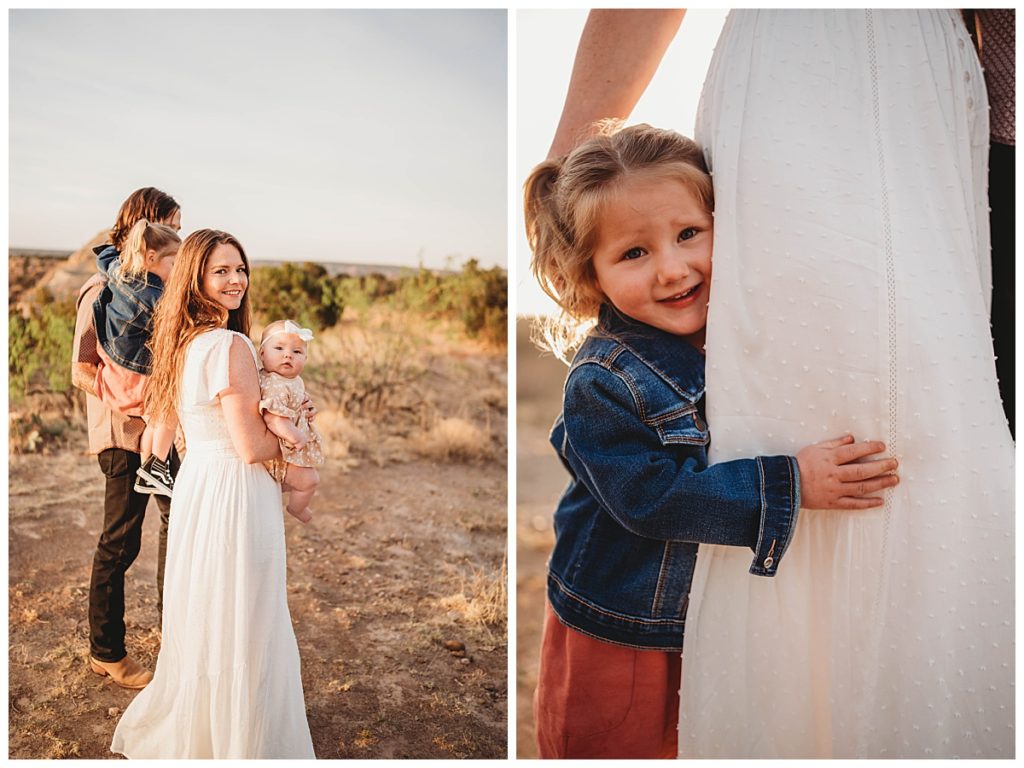 girl peeks from behind mom's dress by Three Feather Photo 