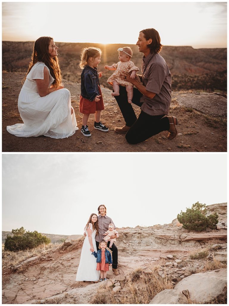 parents kneel down with daughters by Three Feather Photo