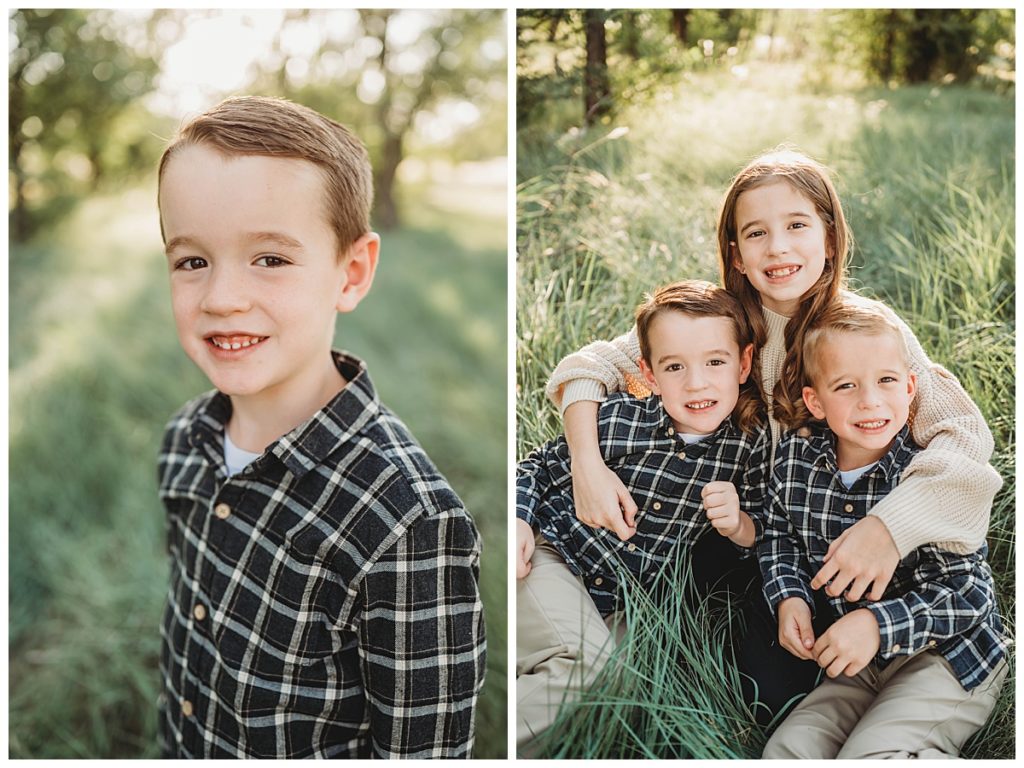 siblings sit together in grass by Amarillo portrait photographer
