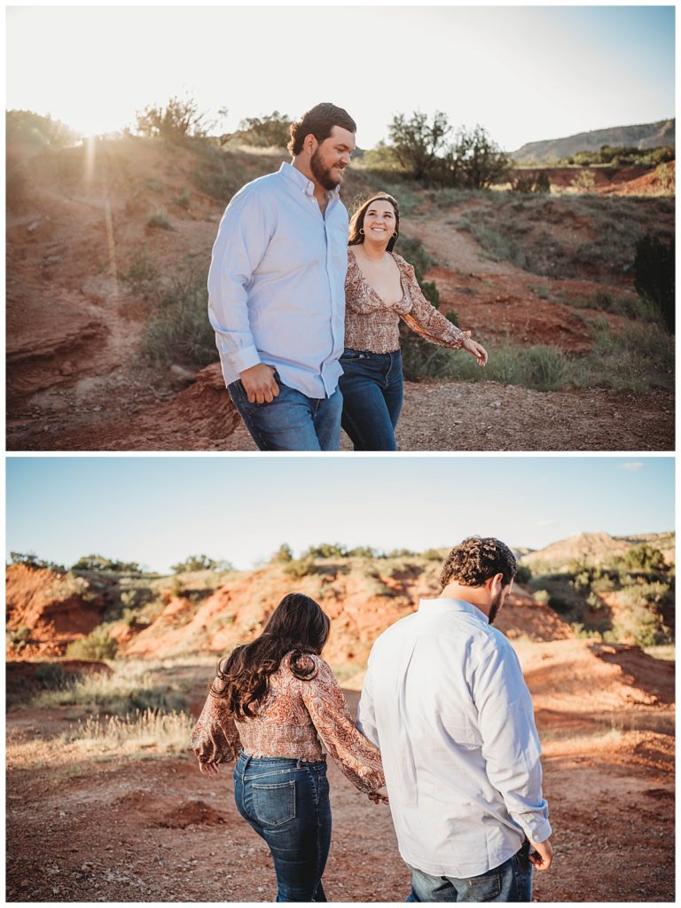 couple laughing and walking in canyon by Amarillo photographer