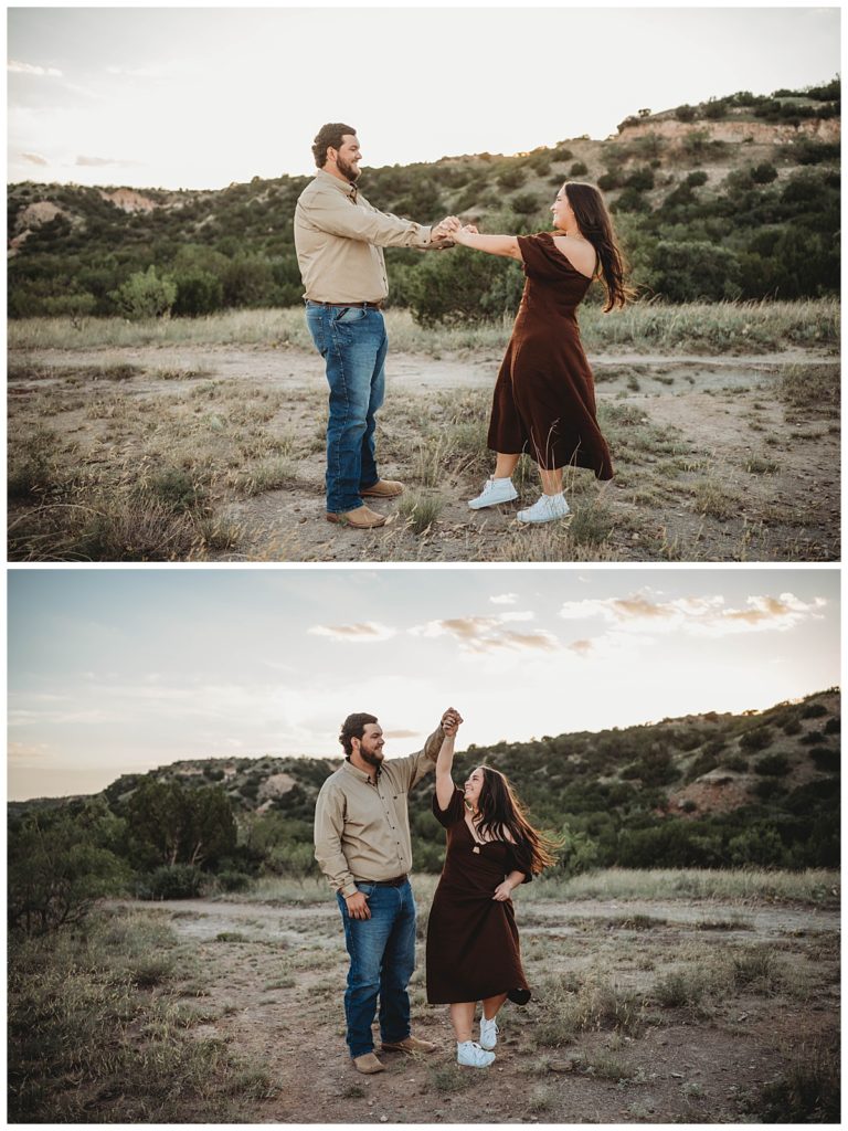man twirling woman at golden hour engagement session