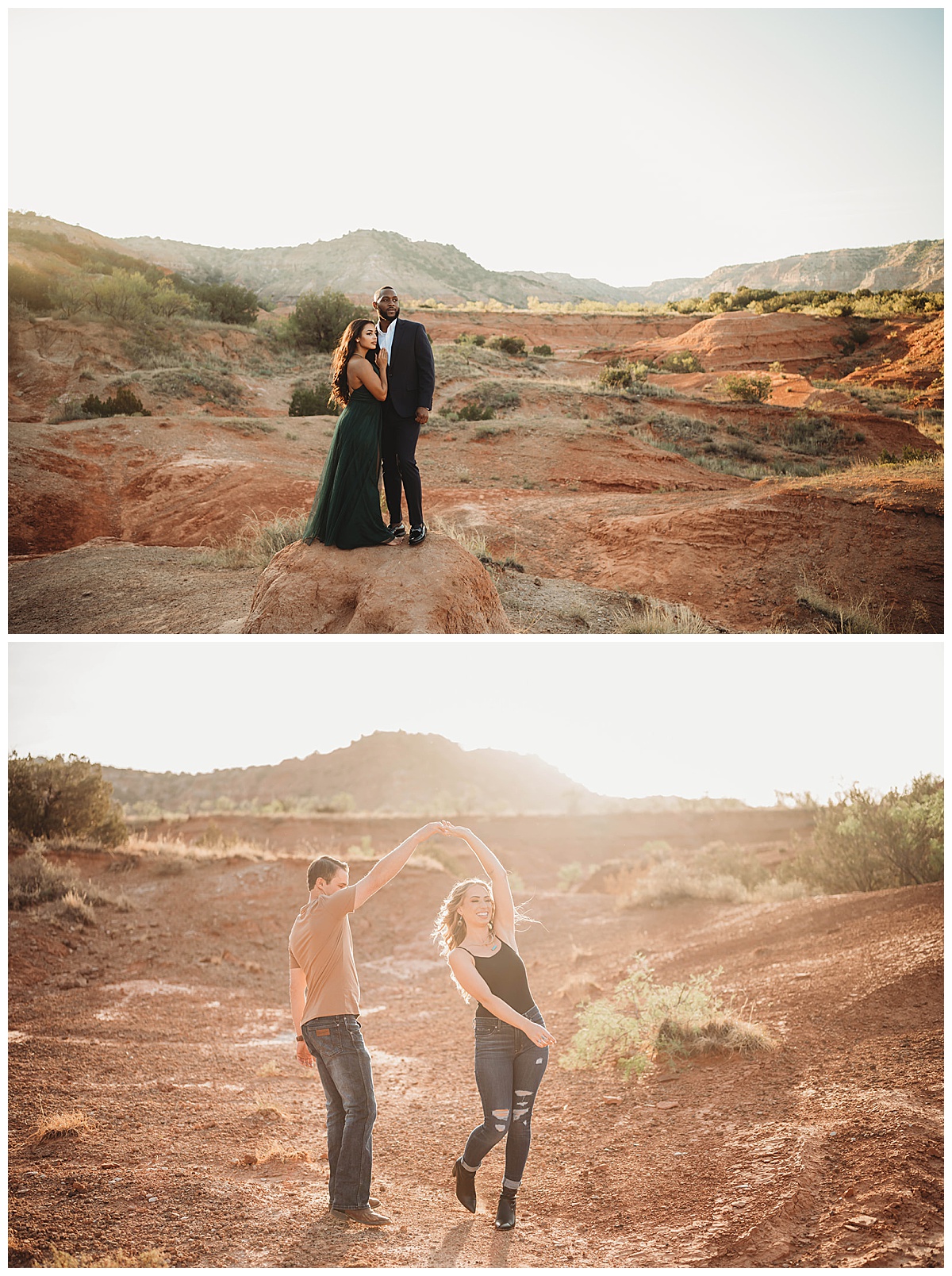 couples dancing and standing close in red rock formation by Wedding Photographer