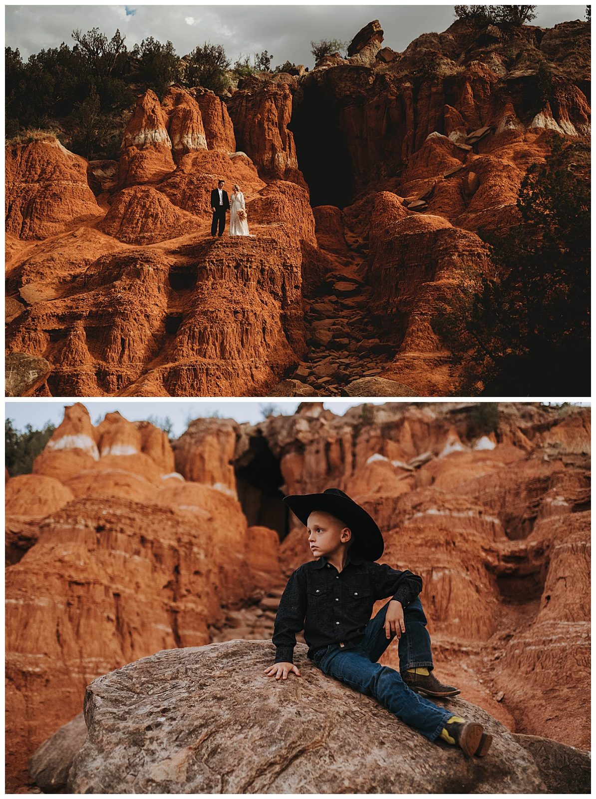 couple and young boy on rocks in front of cave by Three Feather Photo