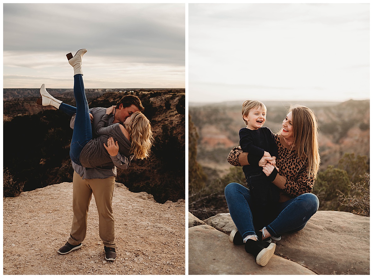 couple kissing and mother and son laughing on trail by Wedding Photographer