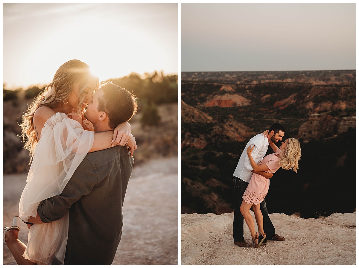 couple dipping and kissing on overlook by Wedding Photographer