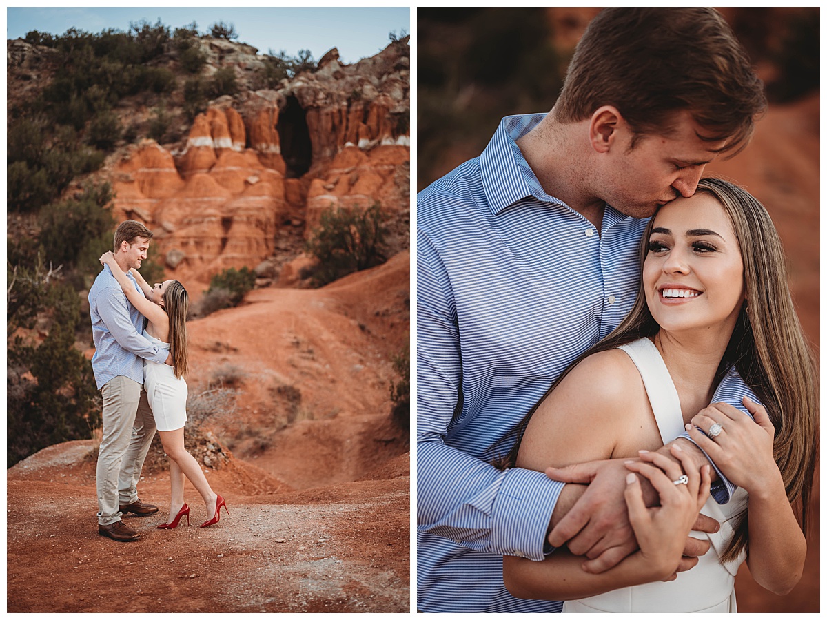 Fiances embrace in the canyon before upscale Texas wedding