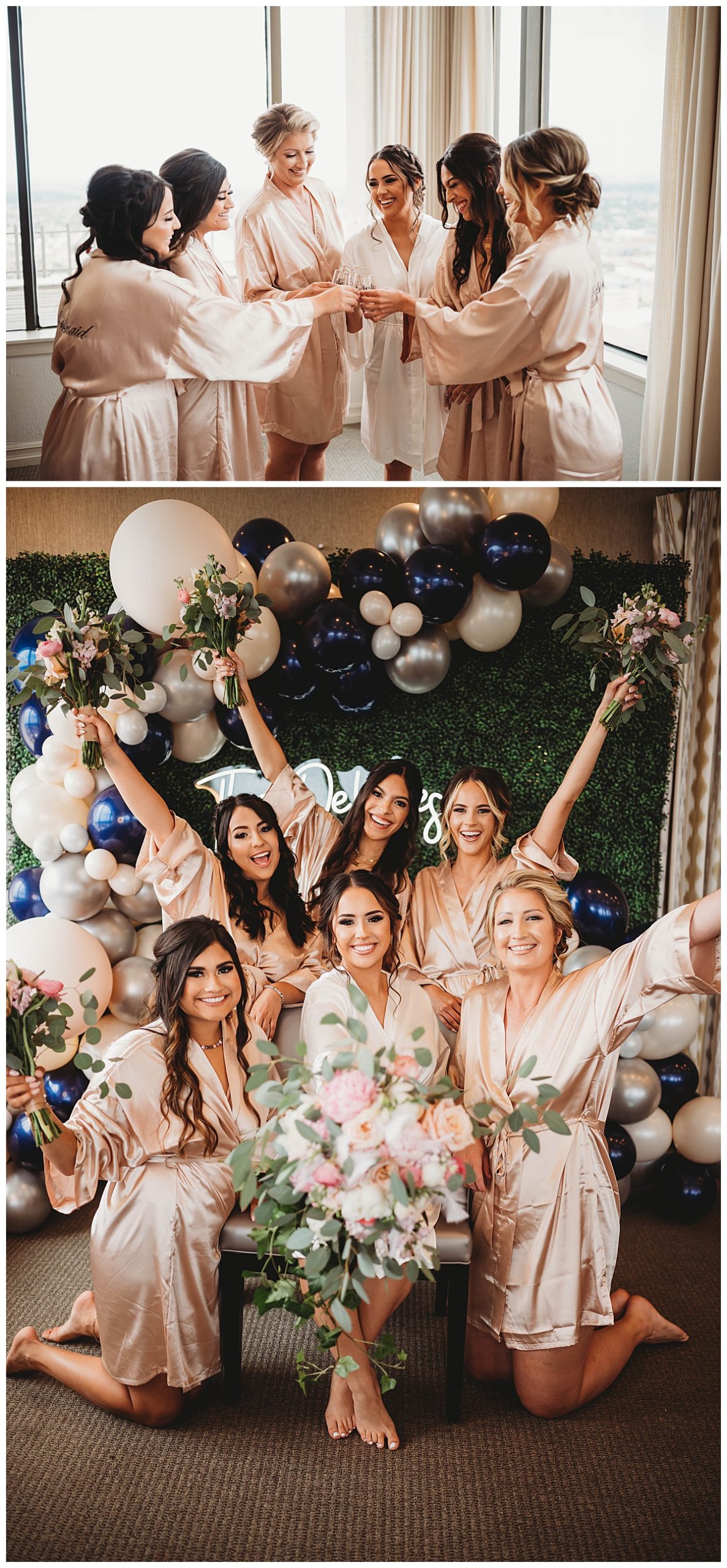 Bridesmaids toast and celebrate by Three Feather Photography