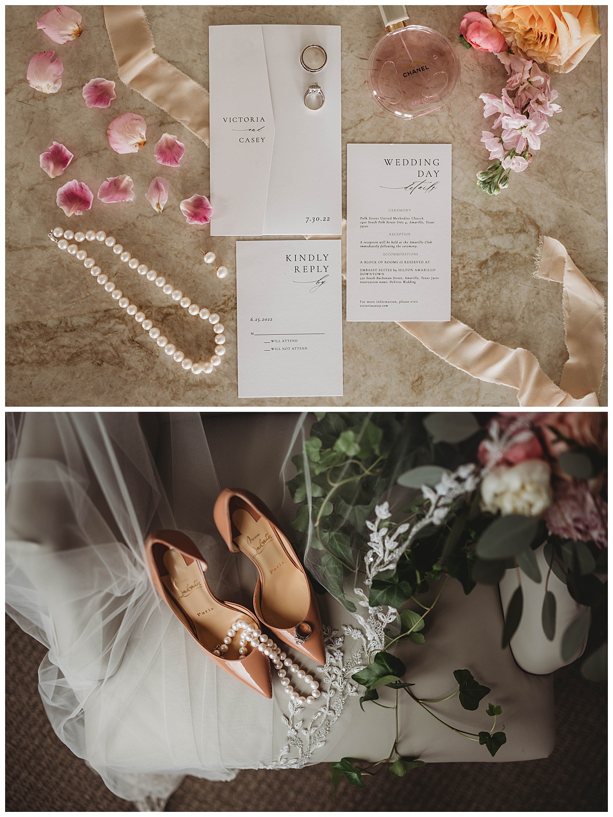 Invitation and bridal details by Three Feather Photography