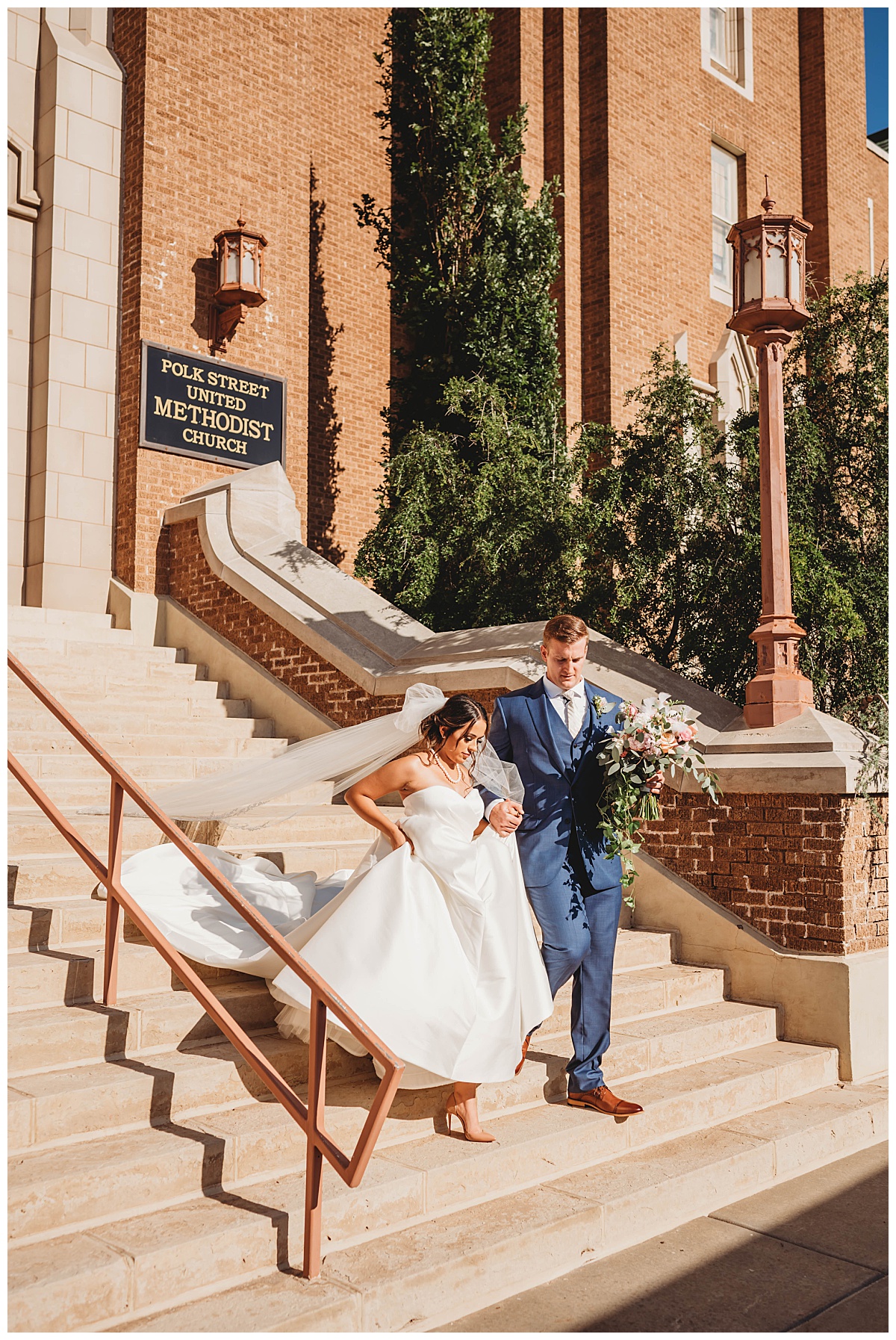 Bride and groom leave church by Three Feather Photography