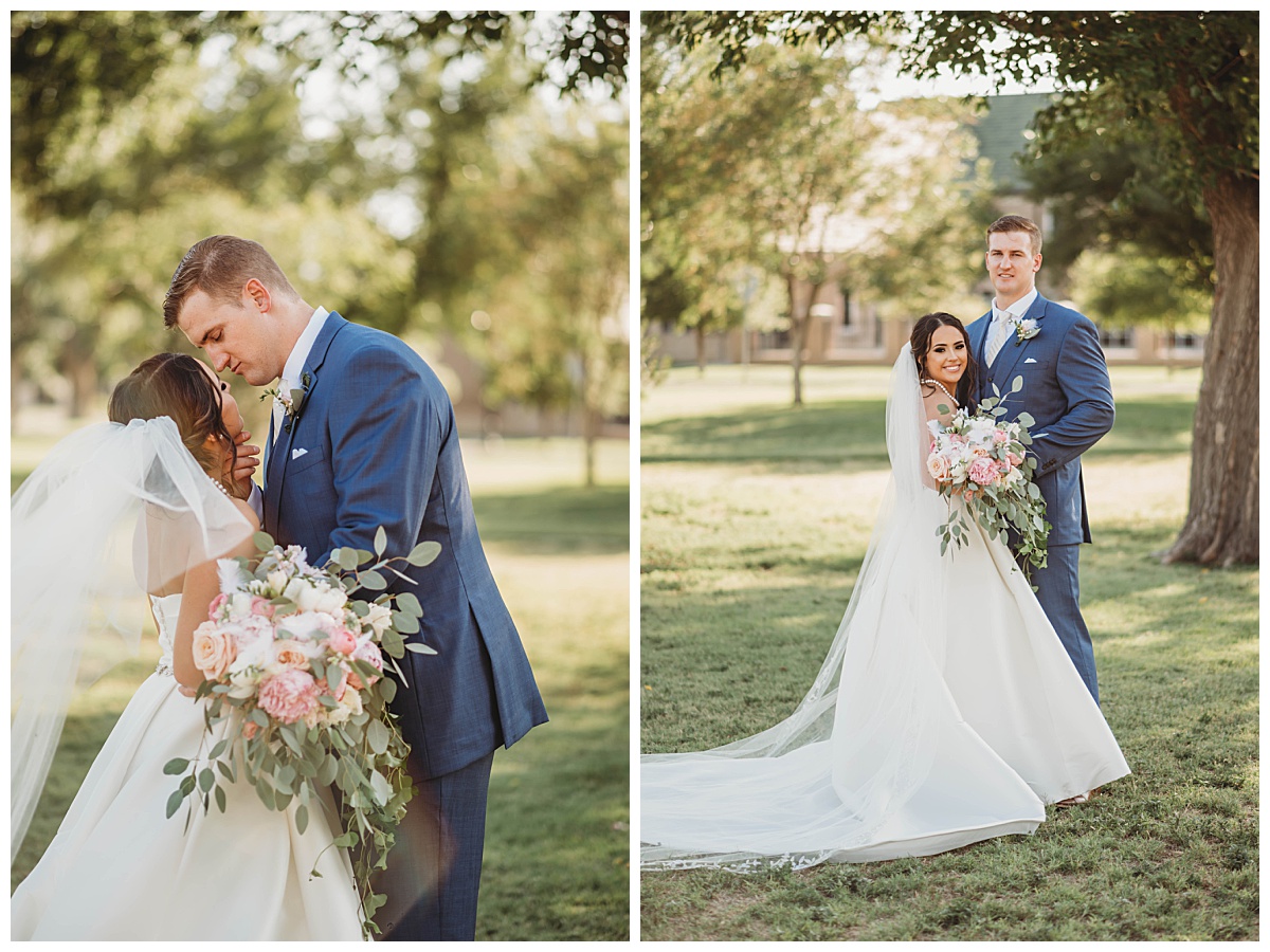 Newlyweds stand together in grassy field at upscale Texas wedding