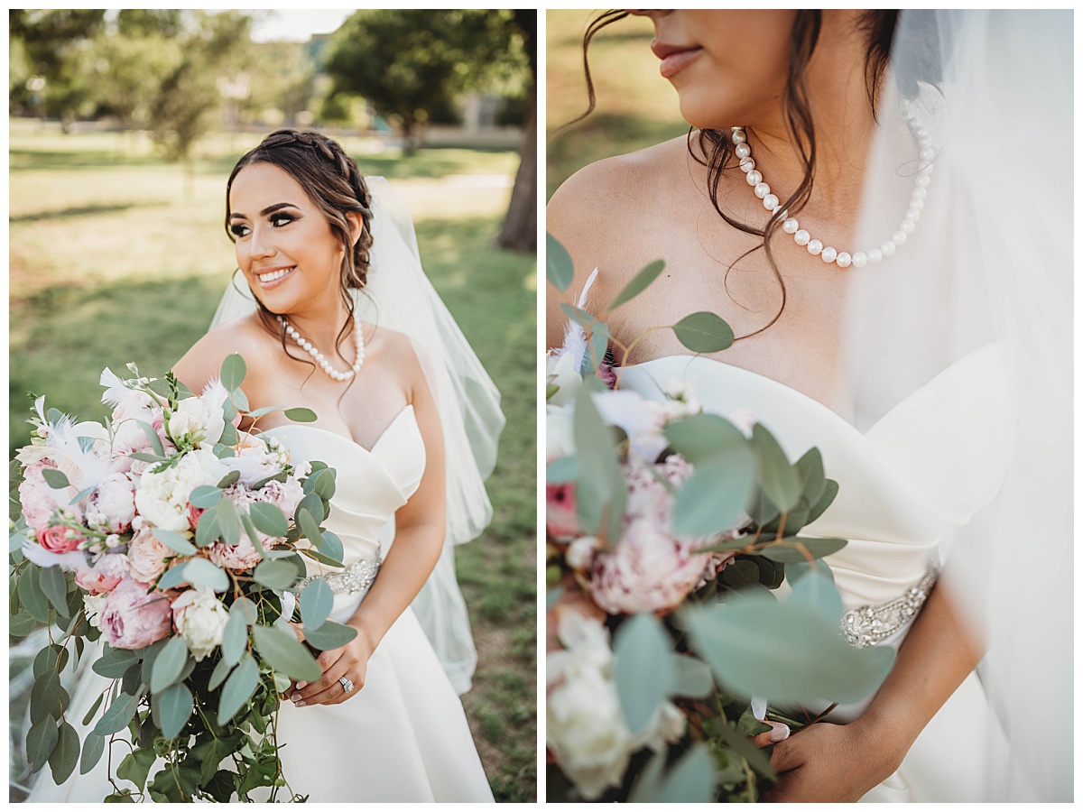 Bride wears pearl necklace and holds bouquet by Three Feather Photography