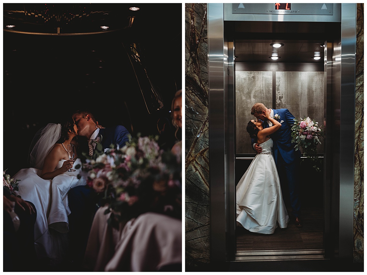 Newlyweds kiss in bus and on elevator at upscale Texas wedding