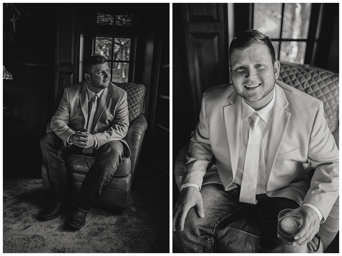 Groom sits in study by Amarillo portrait photographer