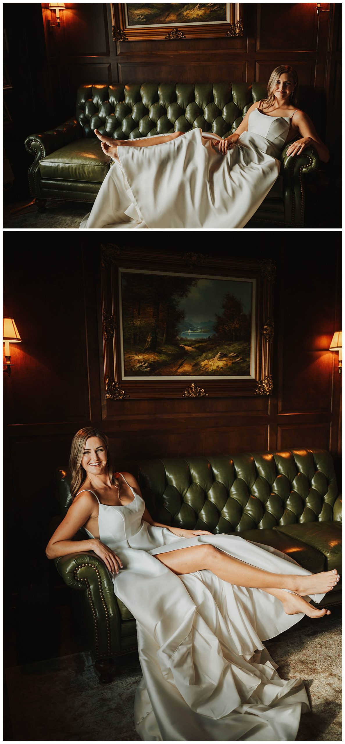 Bride sits on green couch by Amarillo portrait photographer
