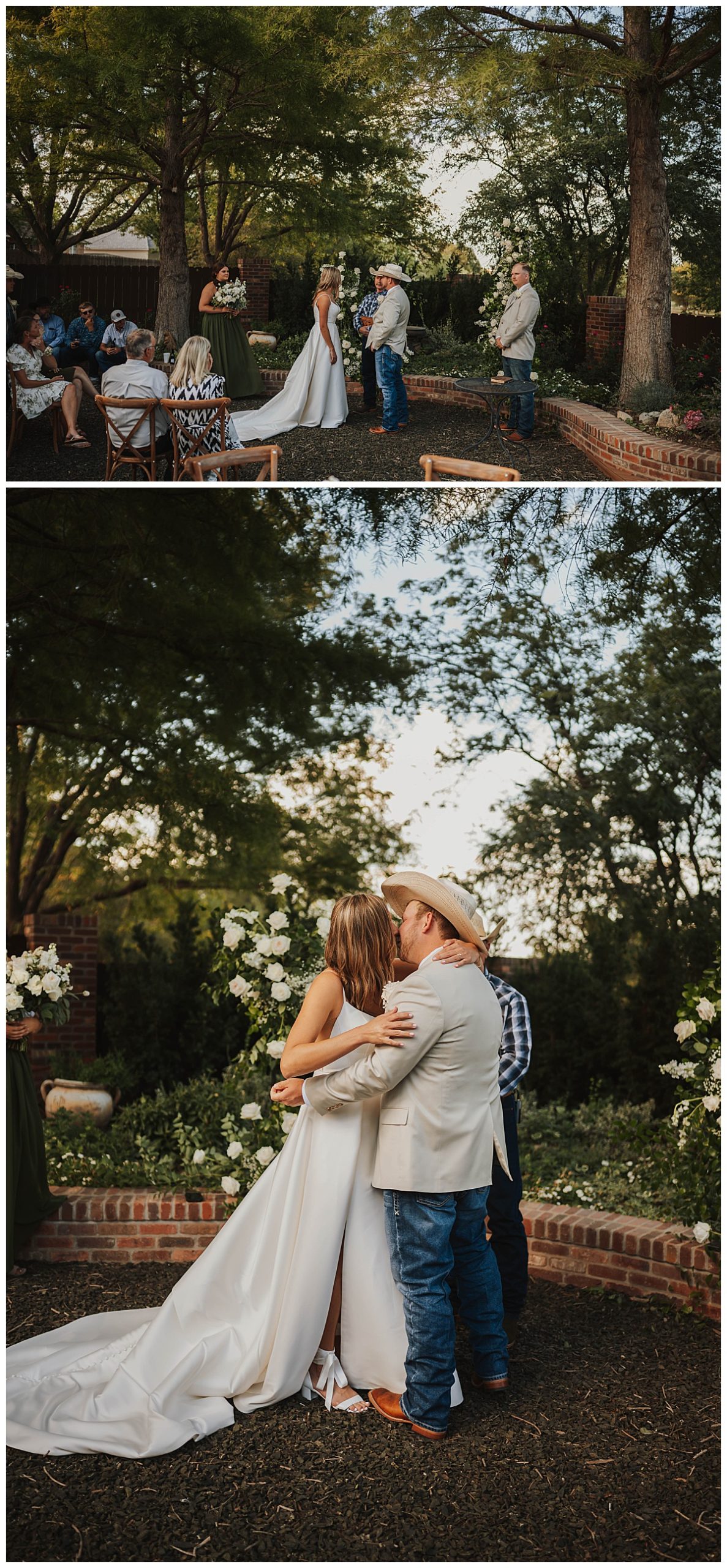 Bride and groom share kiss at intimate backyard wedding 