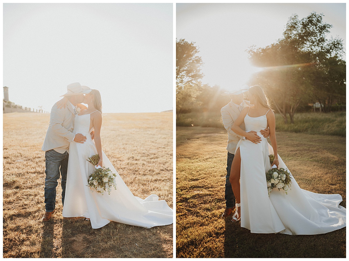 Newlyweds stand in field together by Amarillo portrait photographer